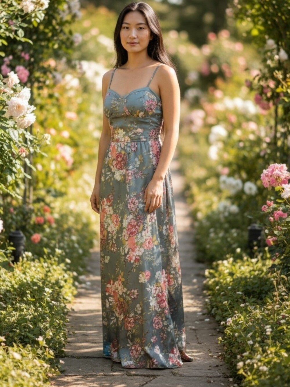 Floral Satin-like Maxi Dress with Sweetheart Neckline in Slate Green